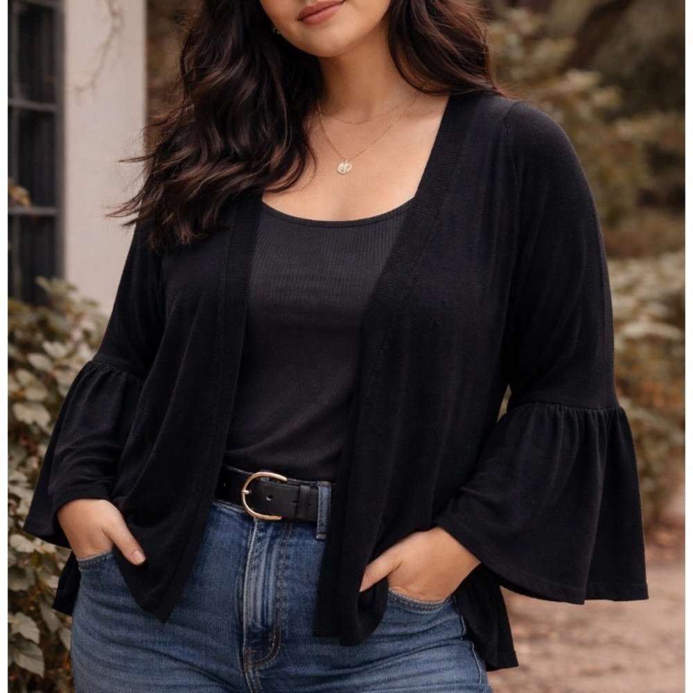 Time And Tru Women's Black Open Front Bell Sleeve Top Size L Feminine Whimsigoth